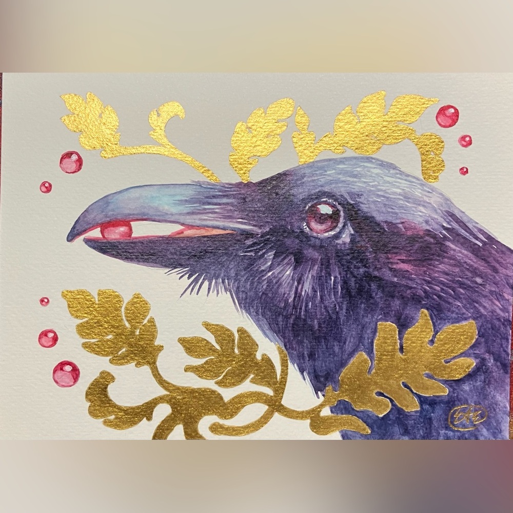 Original Art raven Painting crow Bird Gold accents Berry surreal nouveau Ettina